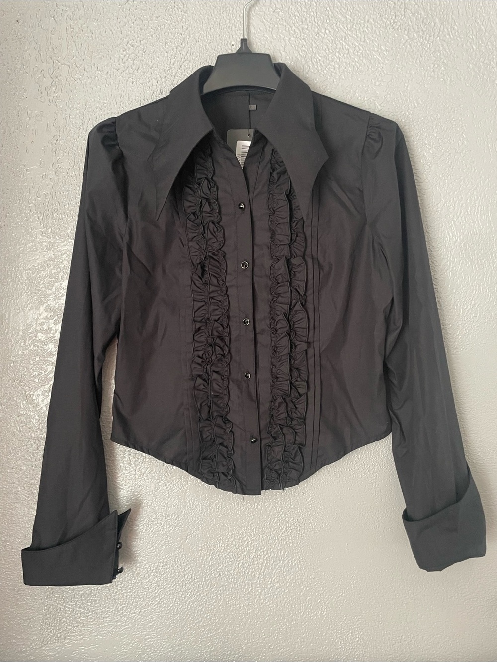 Black Ruffled Long-Sleeve Button-Down Shirt